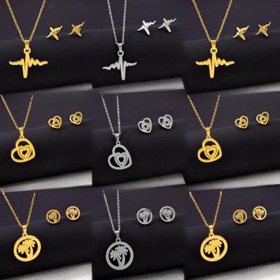 Women's Luxury Titanium Steel Necklace & Earring Set: EKG Coconut Tree & Heart Design, Non-Fading Jewelry