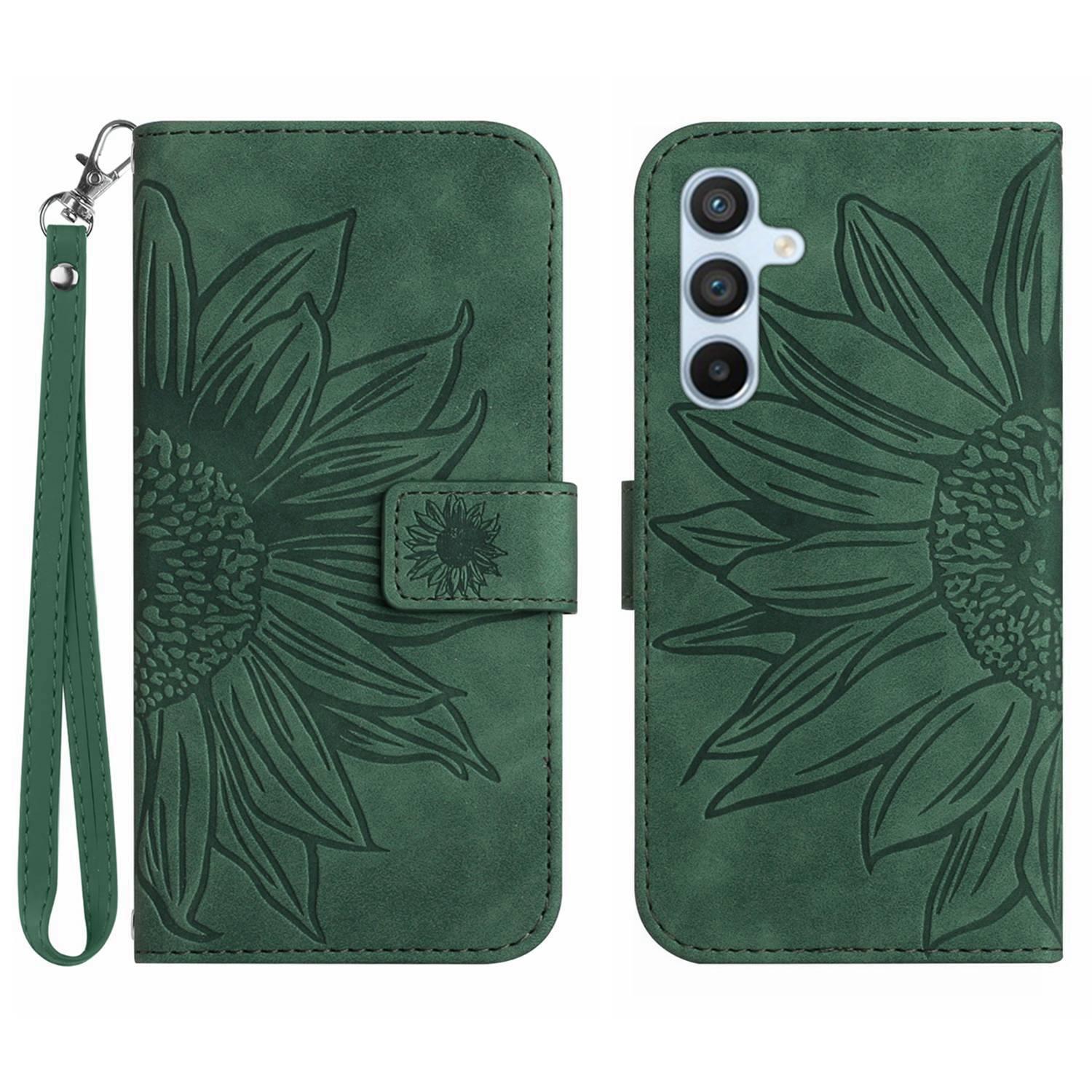 

HT04 For Samsung Galaxy S24 FE Case Sunflower Phone Leather Cover with Hand Strap Dark Green