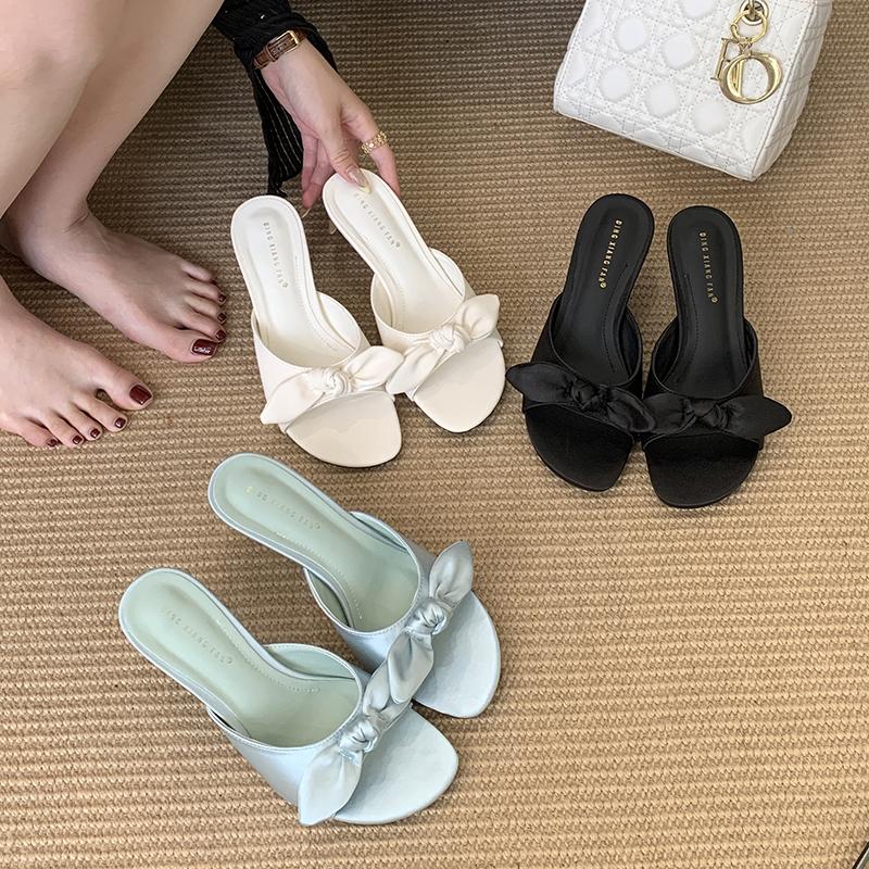 Bailamos Summer Fashion Butterfly-knot Women Slipper Slip On Ladies Sandal Thin High Heel Outdoor Dress Slides Shoes Flip Flop