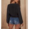 Women's Beige Sheer Puff Sleeve Tie Front Crop Top Deep V Neck Beach Cover Up Blouse