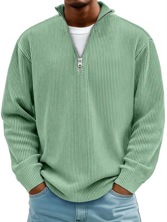 Men's Corduroy Long Sleeve Polo Shirt with Stand Collar & Zipper, Casual Fall Winter Pullover Sweatshirt