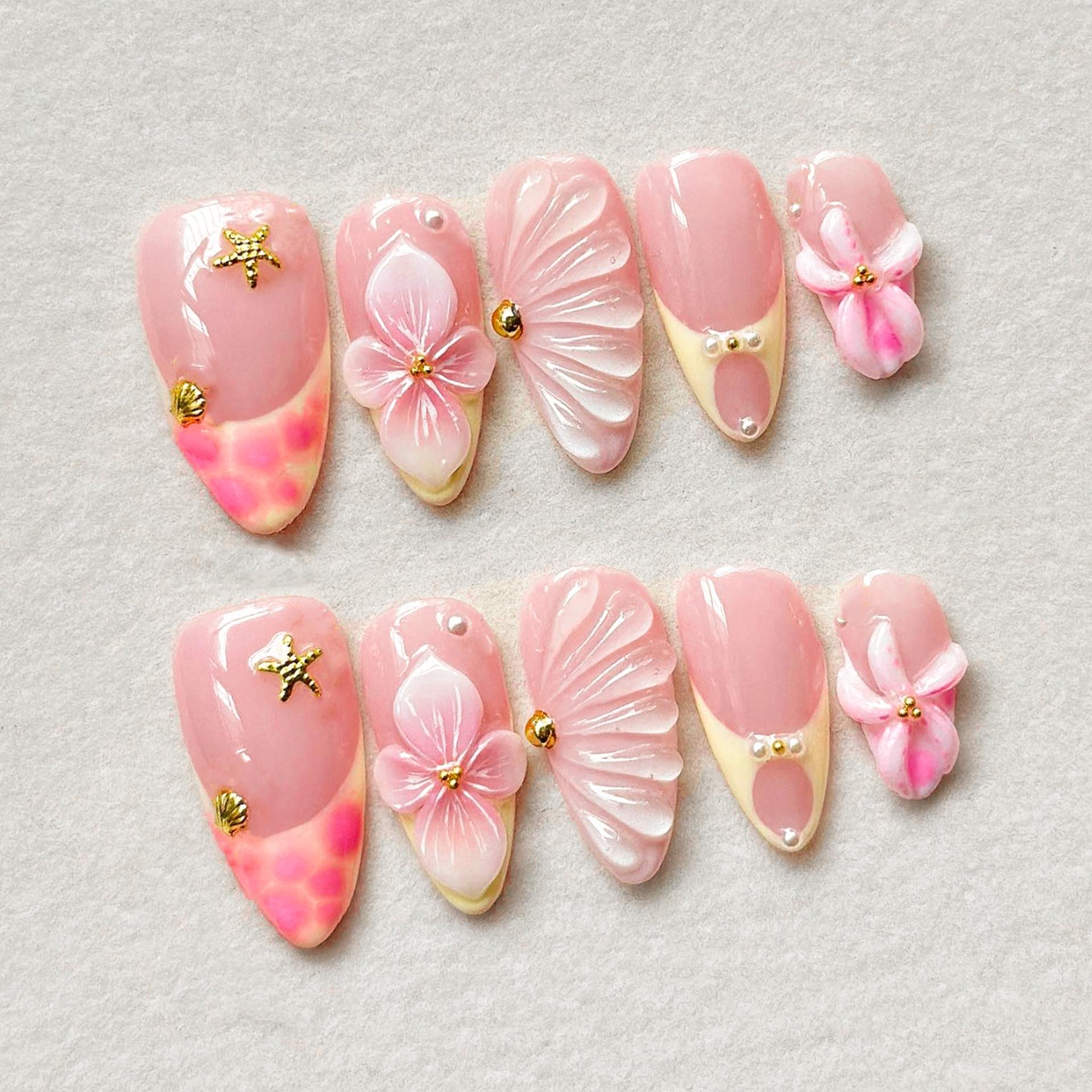 European Pink Flower Almond Wearable Nails with 3D Design and Leopard Print