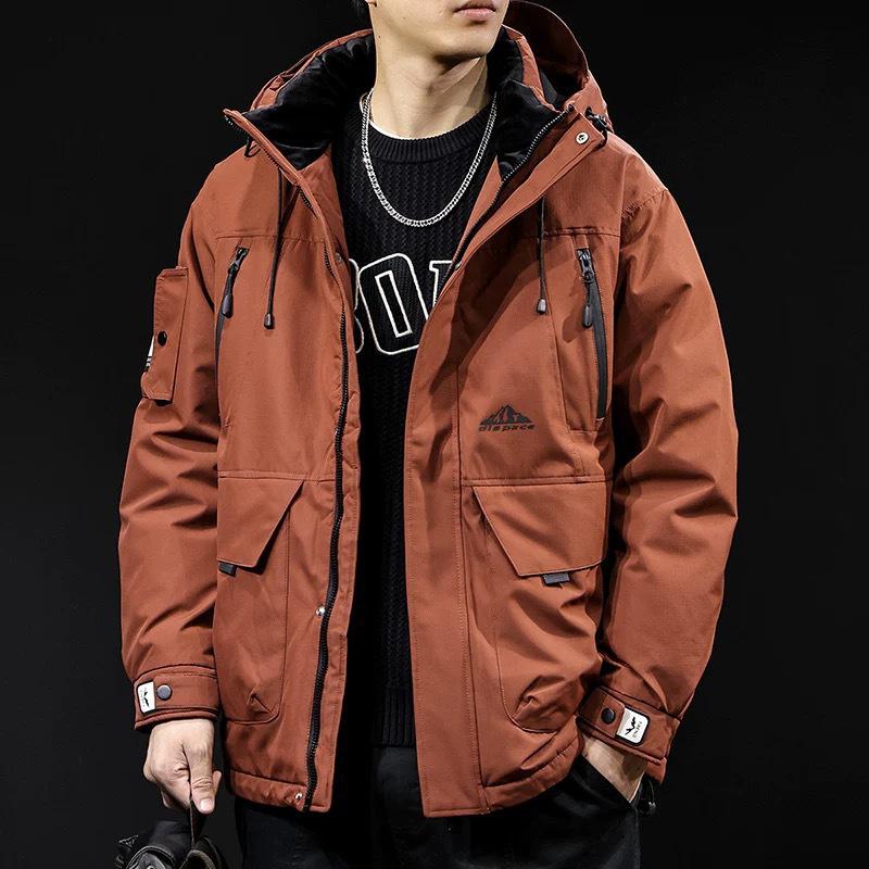

Men s Brick Red Hooded Down Jacket - Winter 2025, Thick & Warm, Trendy Short Workwear, Plus Size. 3XL for 180-200 lbs