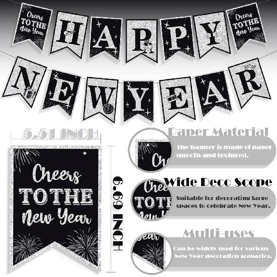 Happy New Year Decorations Hello 2026 Black Silver New Year’s Eve Banner Pre-Strung 2026 NYE Party Backdrop Supplies for Home Office School Public