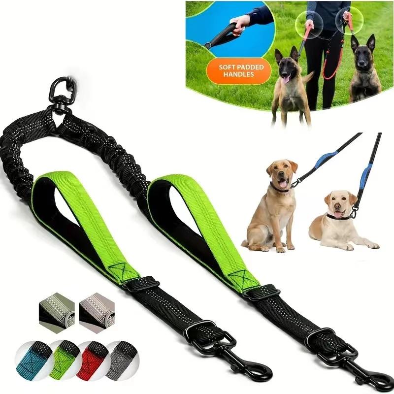 Doppelte Hundeleine Anti-Schock Verhedderungsfrei Doppelkopf Haustierleine Elastisch Einziehbar Verstellbar für Zwei Hunde Laufen Training