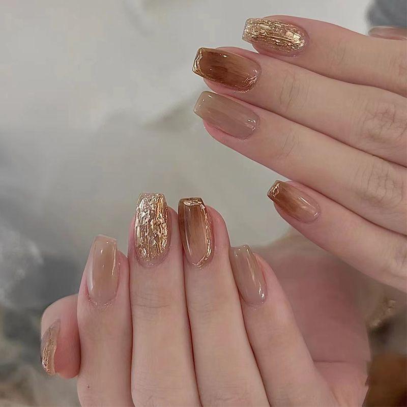 

Star Maillard French Cat Eye Hand-Worn Nail Gentle White Diamond Flash Fall and Winter Accessible Luxury Nail Stickers L code gold foil caramel