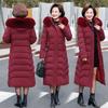 Winter Hooded Slim Down Cotton Jacket Solid Color Fur Collar Thick Parkas Coat Middle-aged Mother Warm Over-The-Knee Overcoat