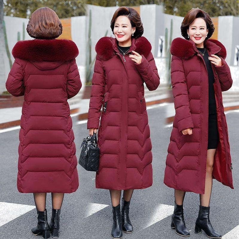 Winter Hooded Slim Down Cotton Jacket Solid Color Fur Collar Thick Parkas Coat Middle-aged Mother Warm Over-The-Knee Overcoat