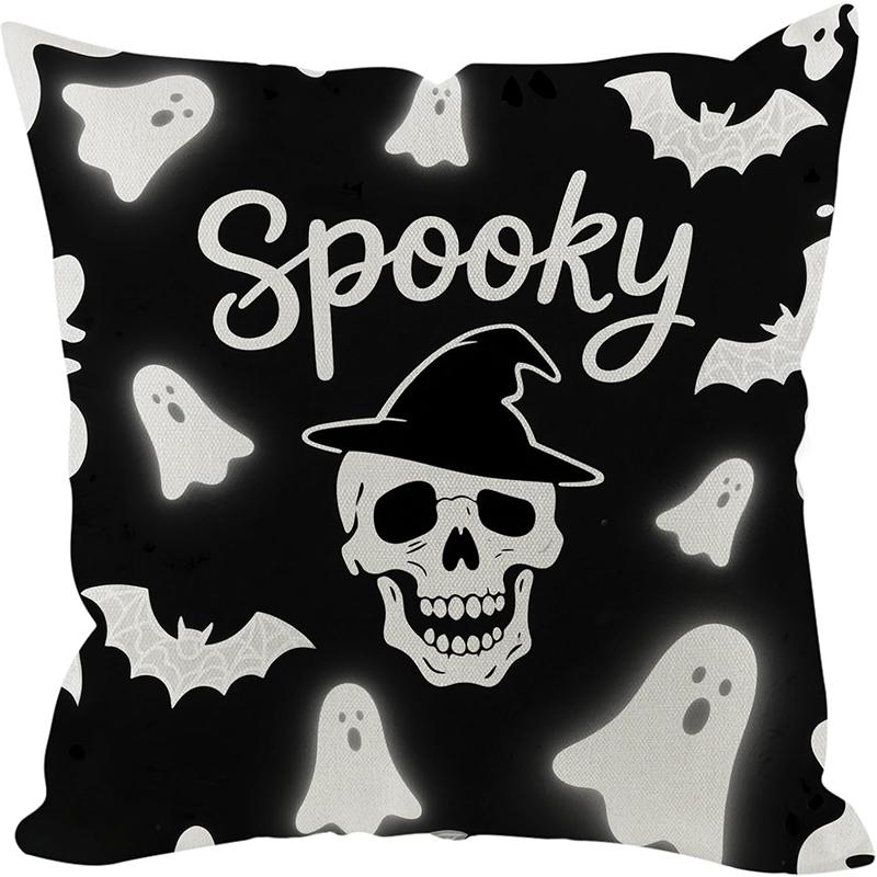 Halloween Throw Pillow Cover with Cat, Skull & Ghost Patterns - "Trick or Treat" Decor for Sofa