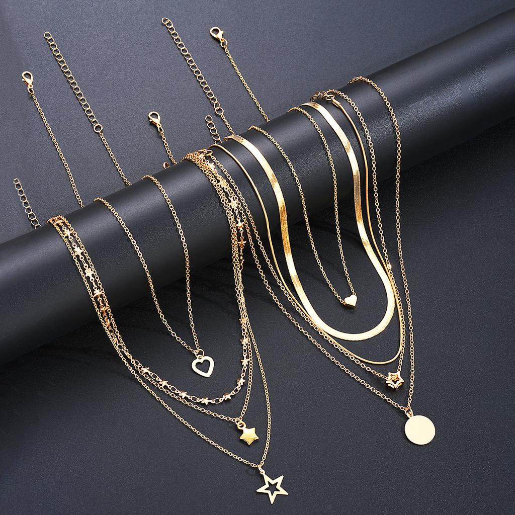 7pcs/Set Simple Star Heart Pendant Necklace Set For Women Fashion Gold Color Elegant Layered Necklace Female Charms Jewelry Gift