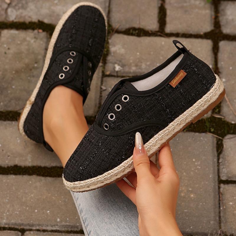 

Женская обувь большого размера обувь рыбака женская джинсовая парусиновая обувь на одной педали подошва из пеньковой веревки низкий верх плоский каблук одинарная обувь 43 чёрный