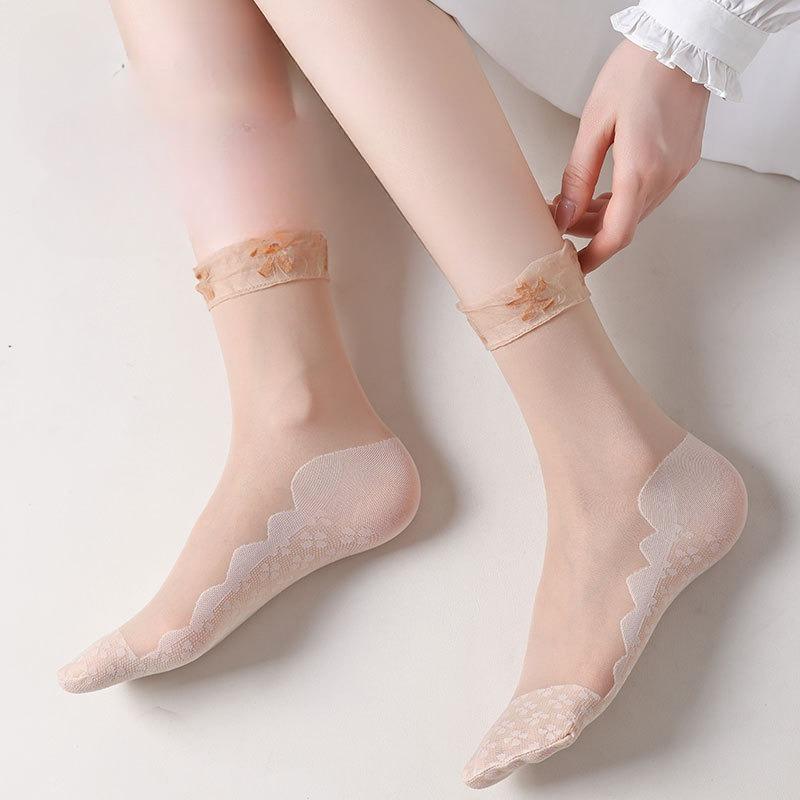 5 Pairs of Lace Women's Lace Loose Neckline Maternity Socks, Ultra-thin Breathable and Anti-slip Cotton Sole Anti-hooking Short Silk Socks