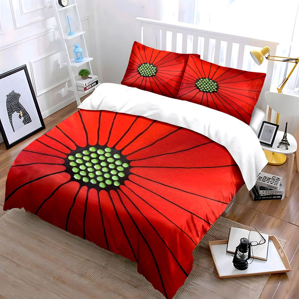 "Red Flower Art Set Decor" Bedding Set with 1 Duvet Cover 2 Pillowcases Single Double King Queen, Gift