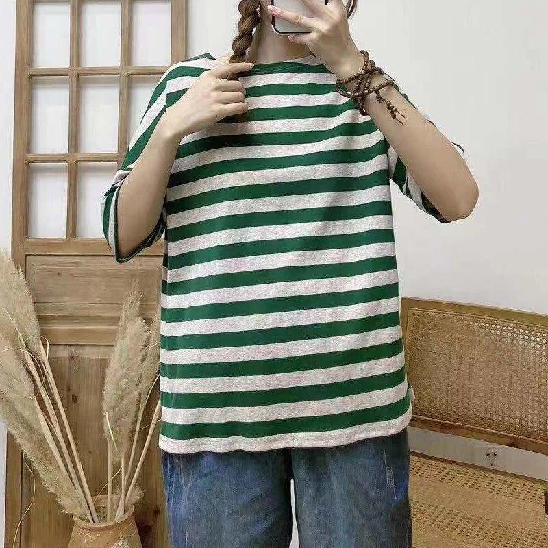 Johnature Casual Striped Women Tops Summer Loose O-neck Short Sleeve Simple Pullover Female T-Shirts