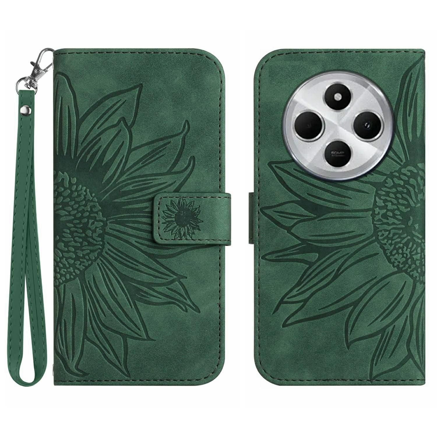 

HT04 For Xiaomi Poco C75 4G/Redmi 14R 5G/14C 4G Case Sunflower Imprint Leather Wallet Phone Cover with Wrist Strap Dark Green
