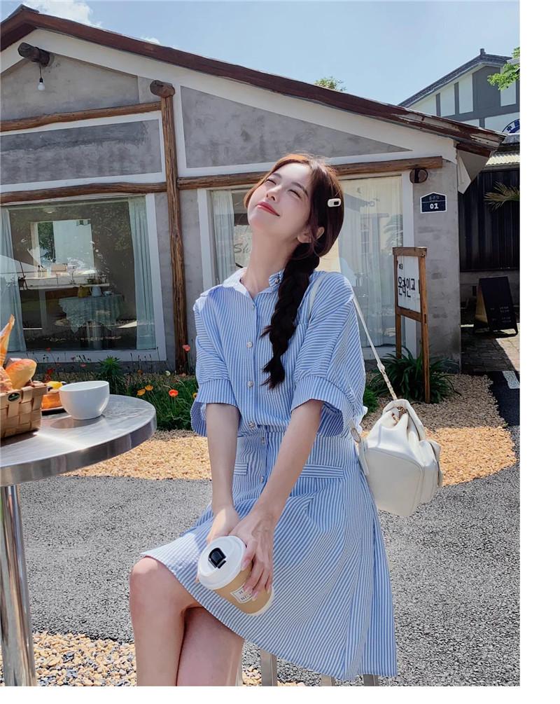 Women's Summer Blue Striped Shirt Dress: Korean-Style Two-Piece Look
