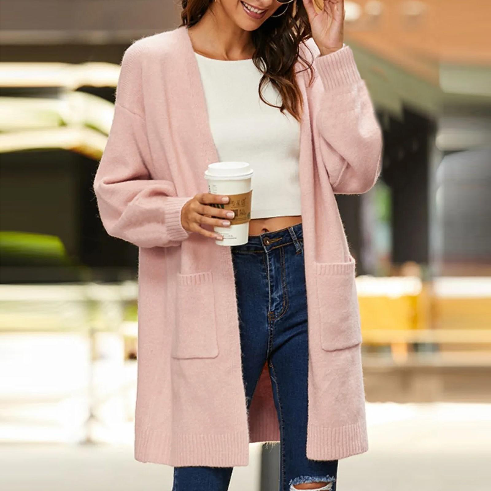 

Женский однотонный повседневный кардиган с длинными рукавами и карманами, вязаный универсальный свободный свитер-куртка XL розовый