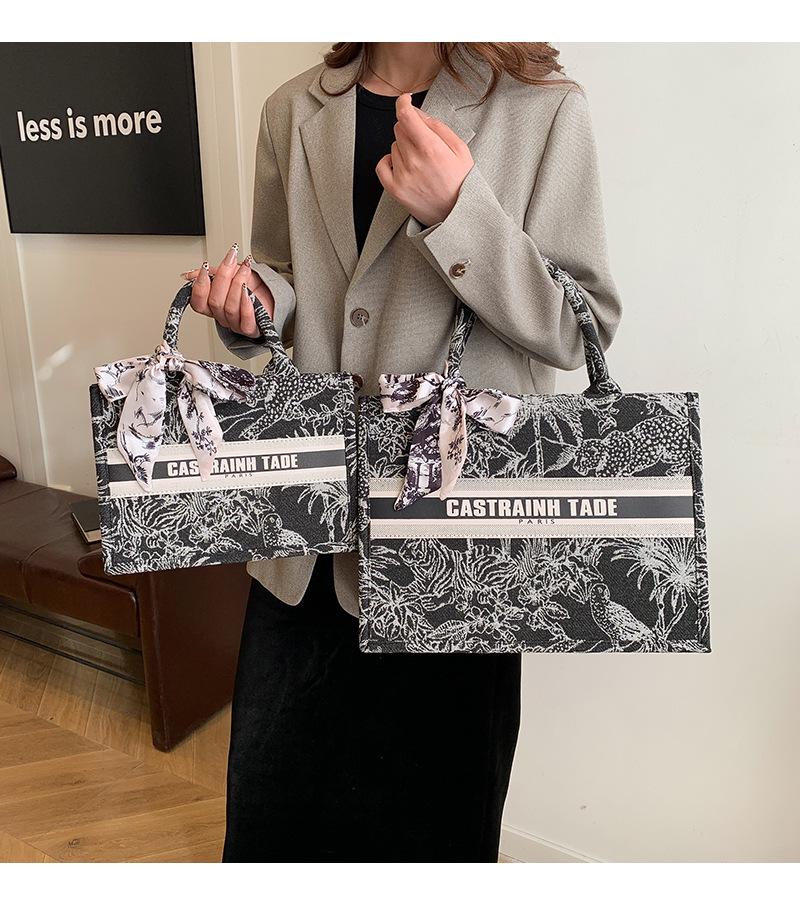 Dámská trendy taška tote s potiskem a hedvábným šátkem – Velkokapacitní, všestranná kabelka pro dojíždění