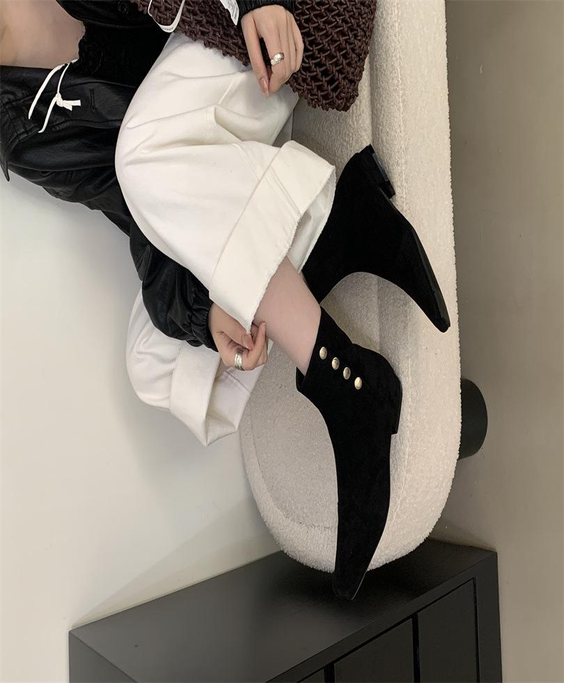 Women's shoes real shot suede square head side zipper thick heel small short boots elastic boots Martin boots thin boots comfortable