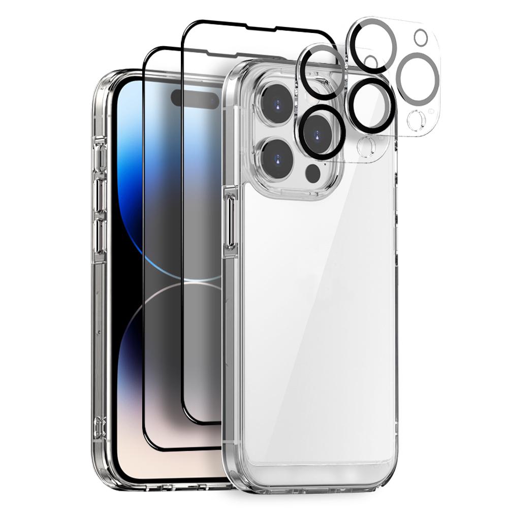 

NORTHJO 5 in 1 For iPhone 14 Pro Clear Case PC+TPU Phone Cover Set with 2 Screen Protector,2 Camera Lens Protector A
