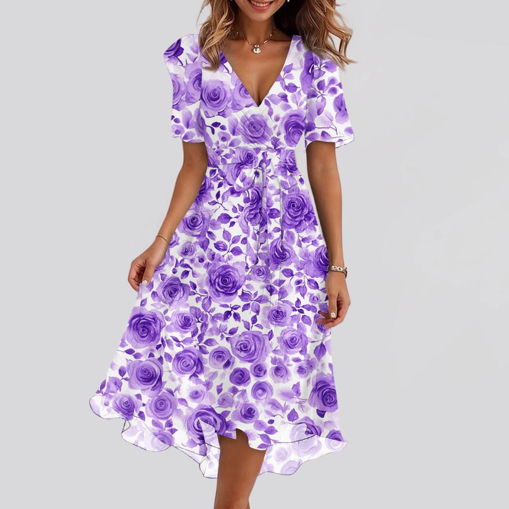 Damen Sommer Blumenmuster Lässig Wickel V-Ausschnitt Rüschen Kapuze Kurze Ärmel Gürtel A-Linie Rüschensaum Midi Sommerkleid