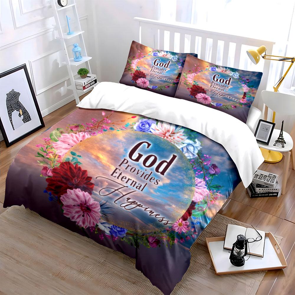 Floral Themed Religious Inspirational Set Kid'S And Adults' Bedroom Decor, Exquisite Three-Piece Bedding Set Gift