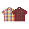 Retro rainbow fashion plaid short lining multi-color contrasting color plaid fabric chest simple flower embroidered men's shirt
