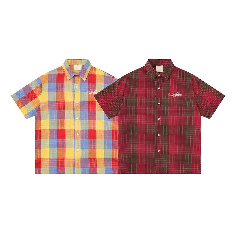 Retro rainbow fashion plaid short lining multi-color contrasting color plaid fabric chest simple flower embroidered men's shirt