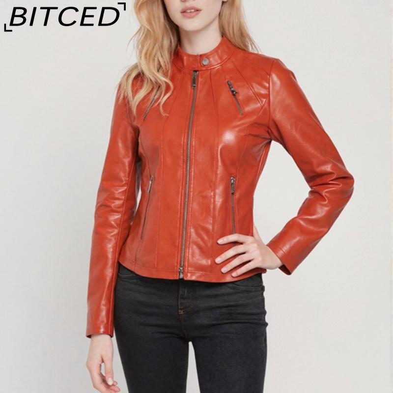 BITCED Autumn Slim-Fit Women's Leather Jacket Slim-Fit Outerwear Leather Clothing for Women