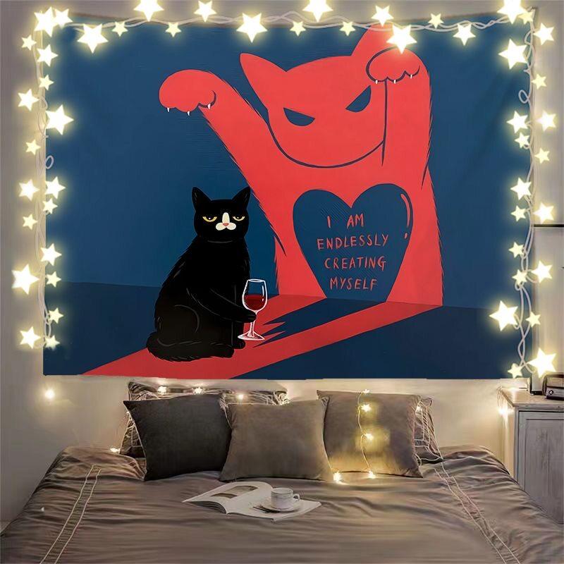 INS Light Luxury Black Cat Tapestry Cartoon Anime Illustration Background Cloth Wall Decor for Bedroom Headboard 100X70CM