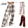 Loose Fit Casual Pants Women Plaid Wide Leg Pants, Drawstring High Waist Thick Coral Fleece Breathable Thermal Lounge Trousers Warm Loungewear,