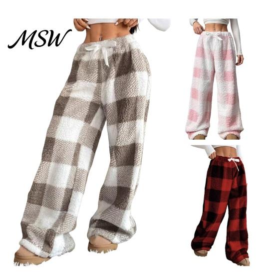 Loose Fit Casual Pants Women Plaid Wide Leg Pants, Drawstring High Waist Thick Coral Fleece Breathable Thermal Lounge Trousers Warm Loungewear,