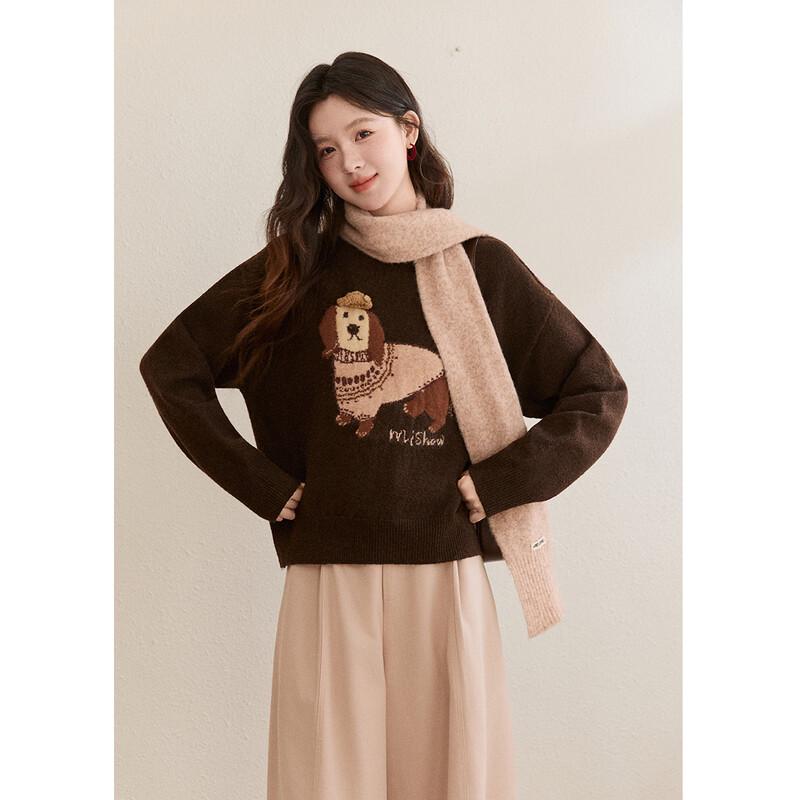 Women's Puppy Jacquard Round Neck Knitted Pullover Sweater