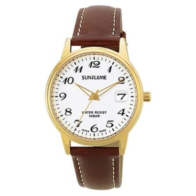 J-AXIS Men's MJG-D09-BR (Gold/Brown Leather Band Men's Sun Flame) Round Watch Brown Analog