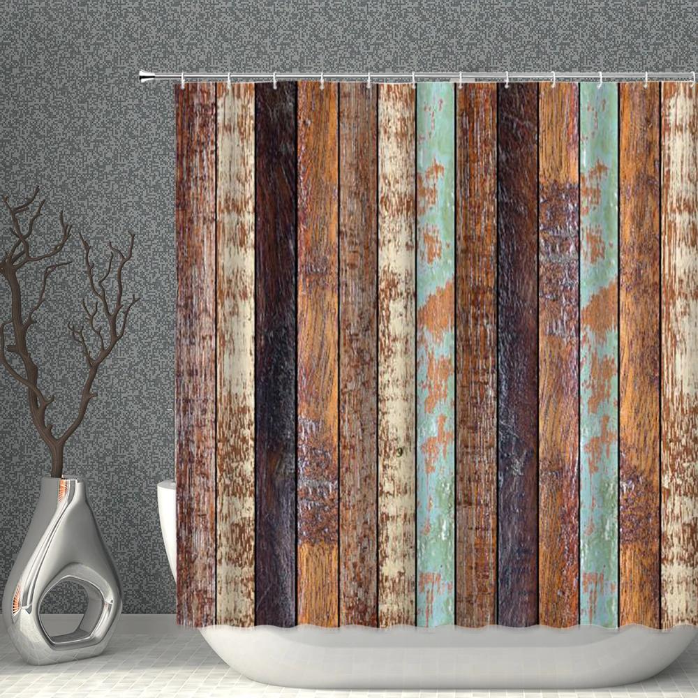 Wood Pattern Shower Curtain Cartoon Waterproof Polyester Fabric Bathroom With Hooks Machine Washable DIY Home Decor