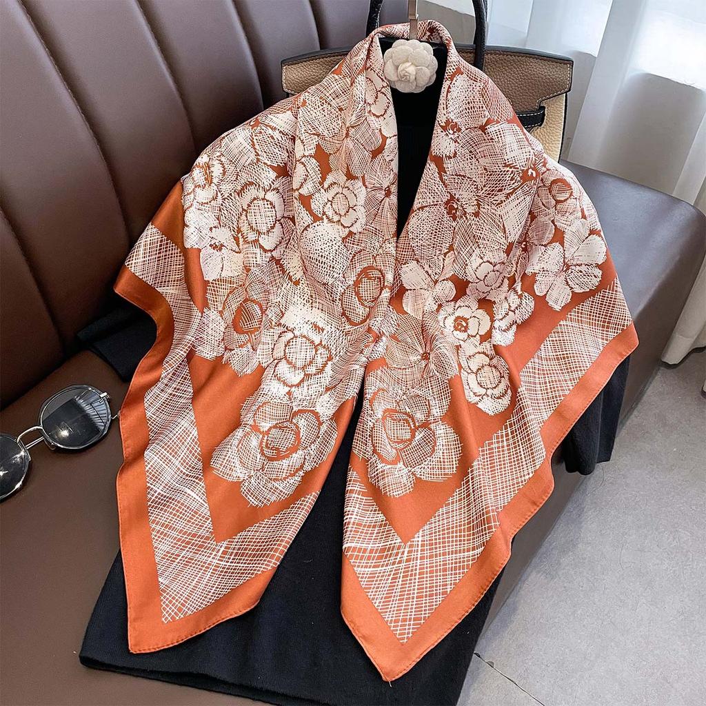 New Luxury  Floral Printed Scarf 90Cm Large Square Scarf Twill Silk Headscarf Shawl For Women Scarves