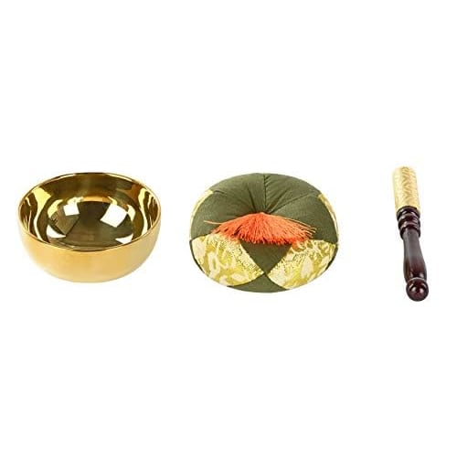 Brass Buddhist Altar Bell Set with Round Futon (2.5 Inches, Gold)