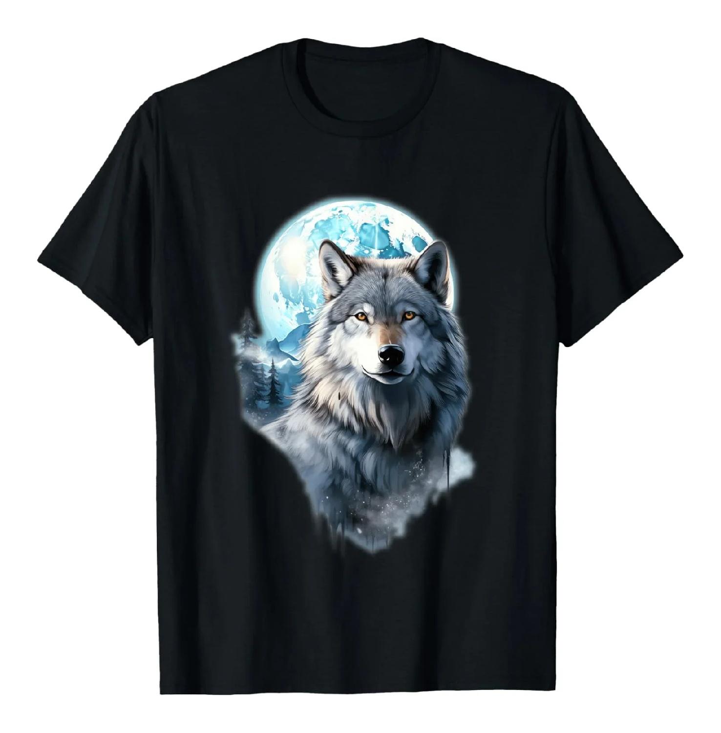Majestic Wolf Full Moon Graphic T-Shirt Breathable Cotton Crewneck Tee S чёрный
