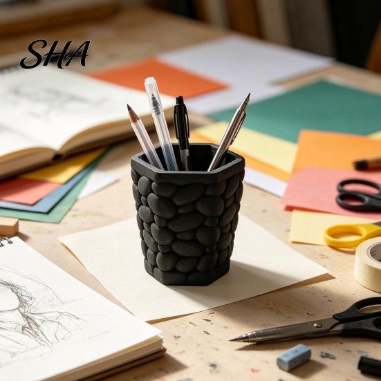 Practical Gift for Students Pebble Texture Pen Holder, Hexagonal Desktop Organizer, Stable Anti-Tip 3D Minimalist Pencil Holder Vanity Printed