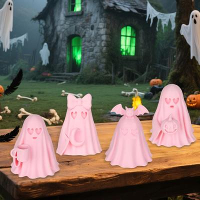 Halloween Ghost Figurine Cute Pink Ghost Holding Moon Statue Resin Ghost Sculpture