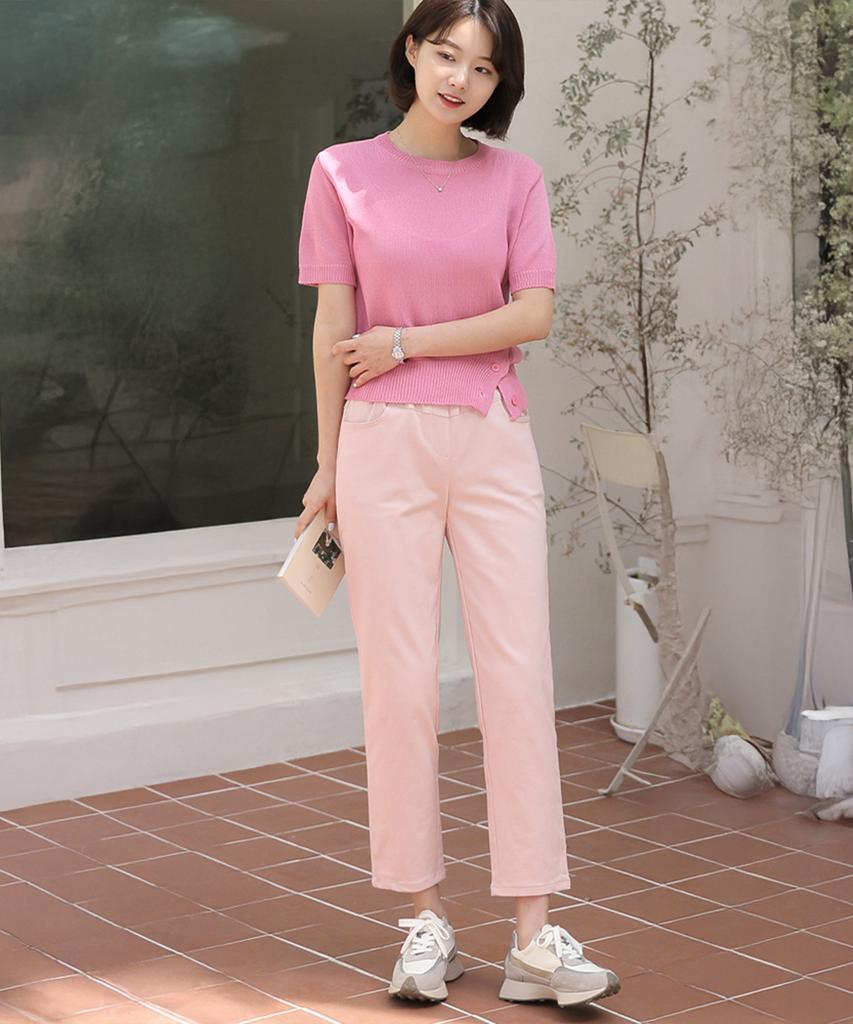 Ppaeppae All-Waisted Yoke Cut-Line Stretch Baggy Straight Cotton Pants