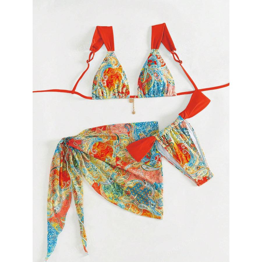 Printed Sexy Bikini Set Three Piece Set with Beach Sarong CLE