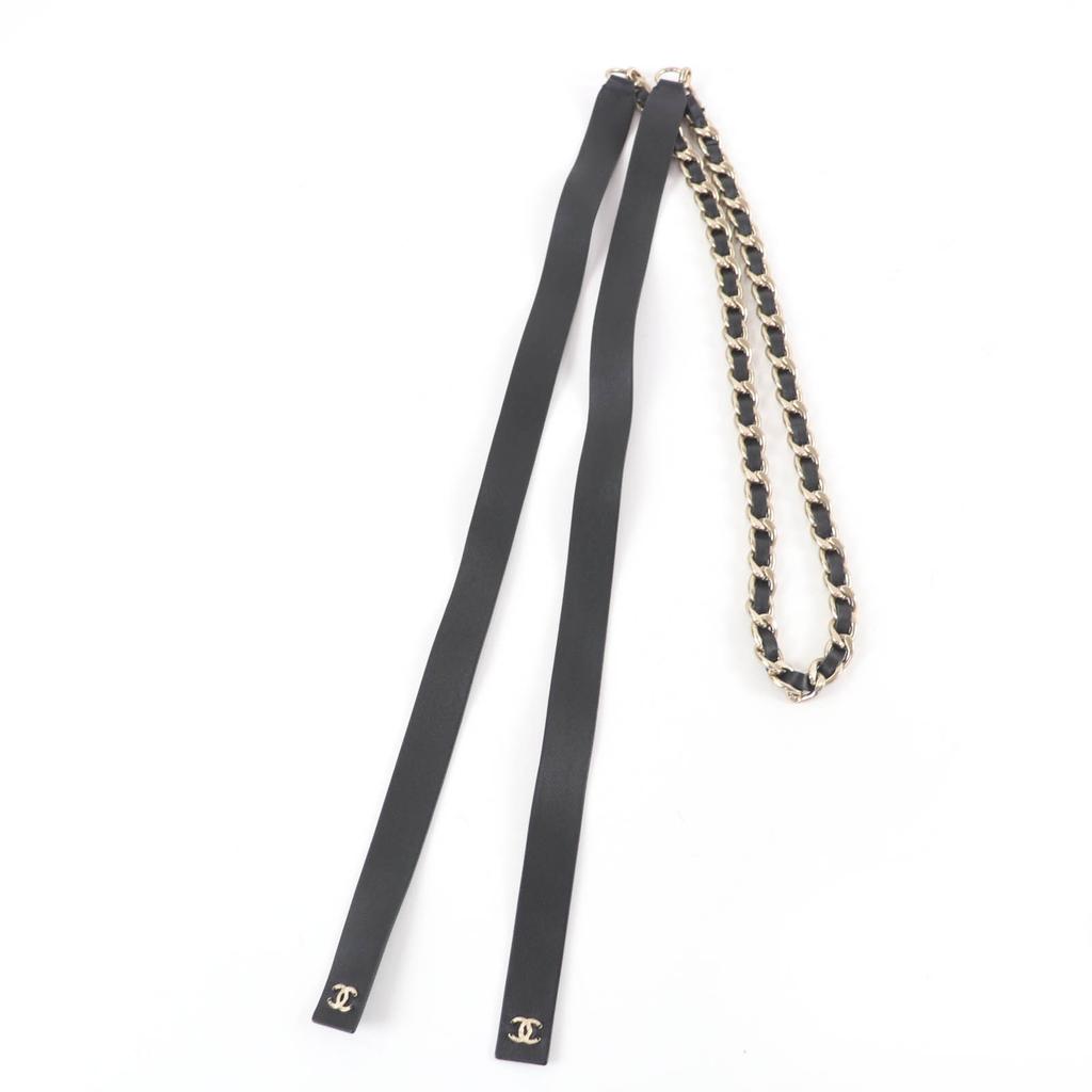 Great CHANEL Belt COCO Mark Leather Chain Ribbon Black Leather Women S B20C Used