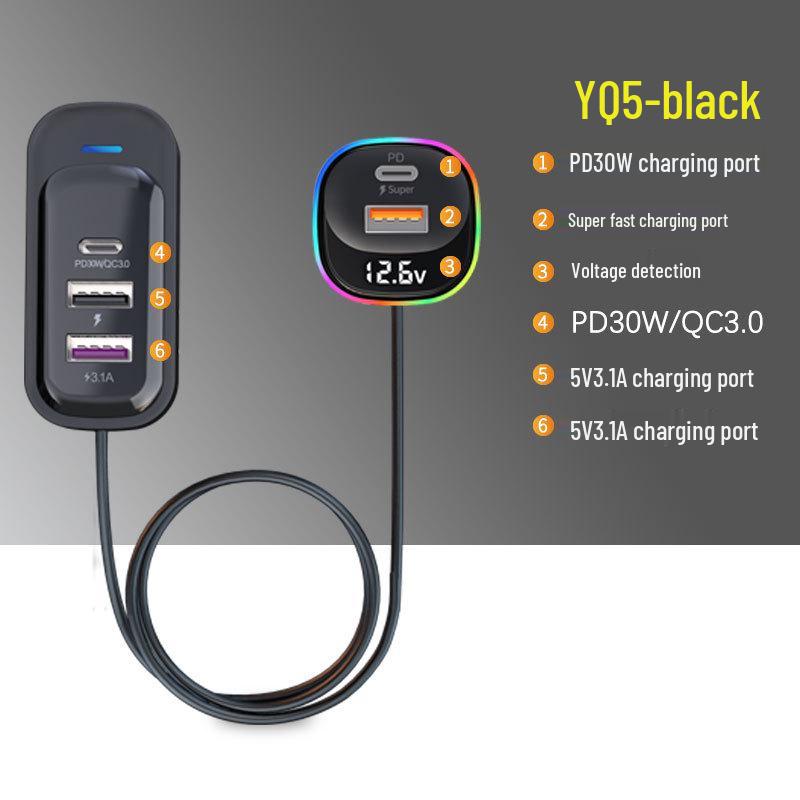 

Multifunctional Rear Seat Car Charger with Fast Charging, PD & Multi-Port Cable YQ5 чёрный