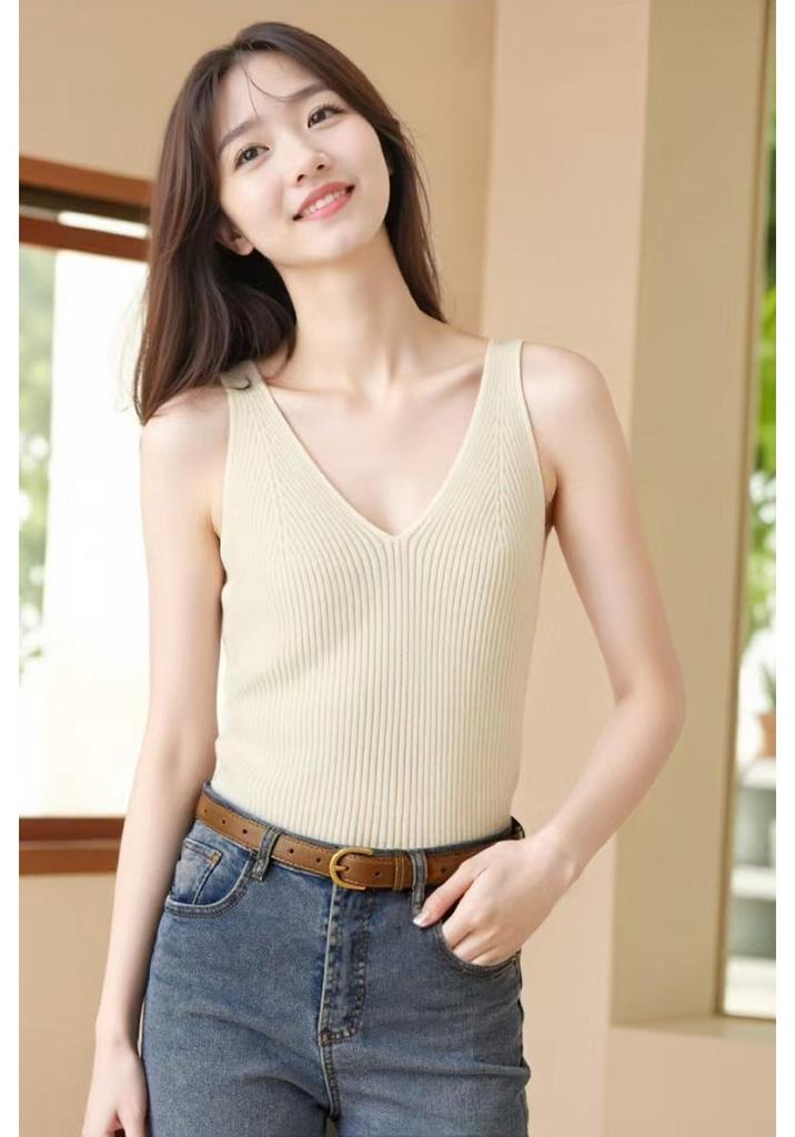 Women's V-Neck Cashmere Spaghetti Strap Vest - Warm Ribbed Sleeveless Base Layer for Autumn/Winter.