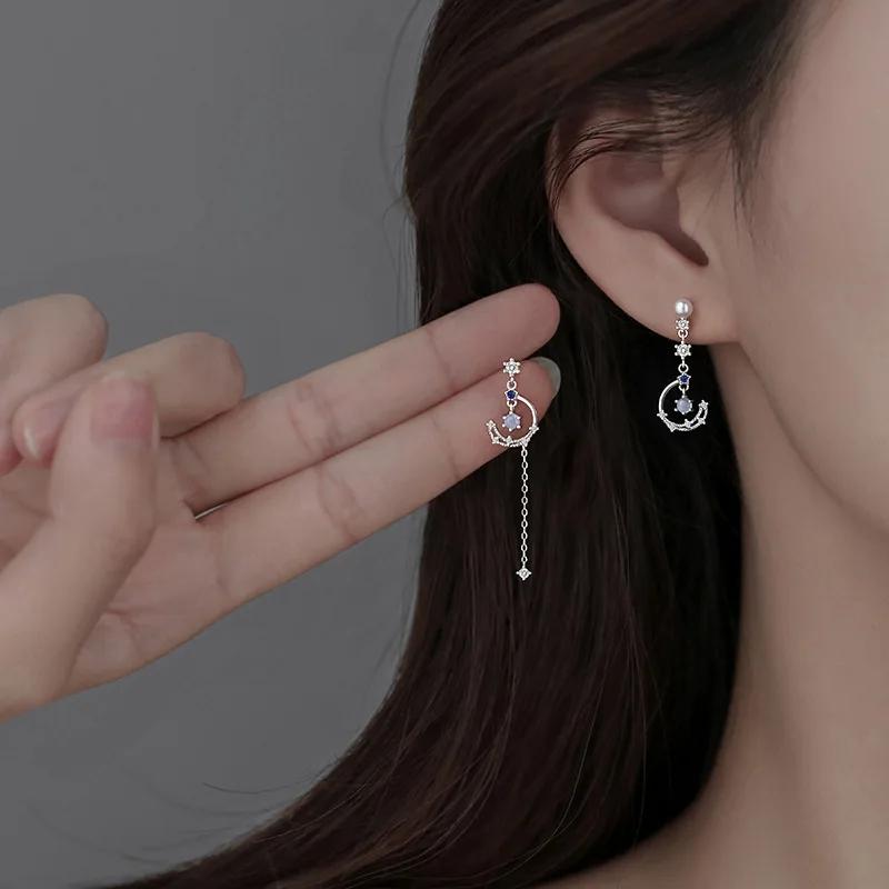 Korean Exquisite Cloud Crystal Tassel Earrings for Women Asymmetrical Planet Moon Drop Earrings Girls Party Daily Jewelry Gift