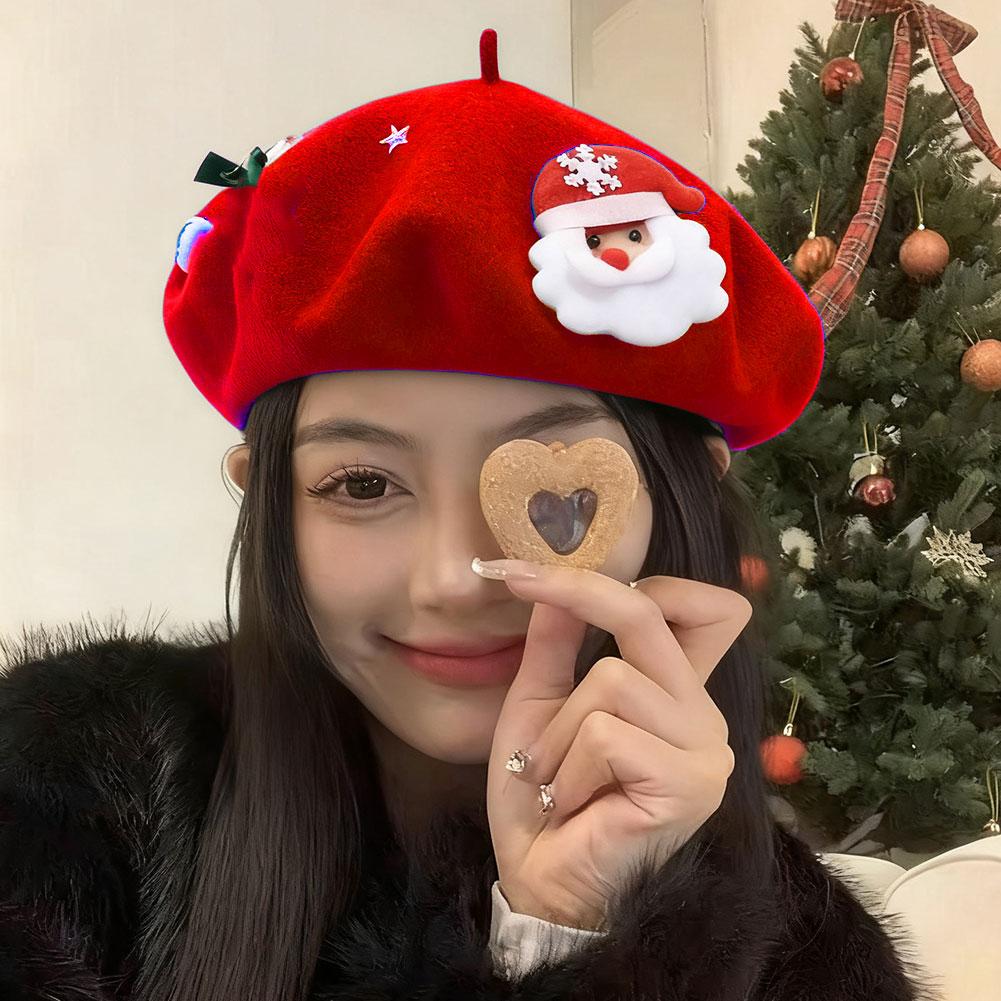Christmas Wool Beret Hat Green Red French Beret Cap Winter Warm Beanie Cap Christmas Tree Headwear for Women Girls Party Costume