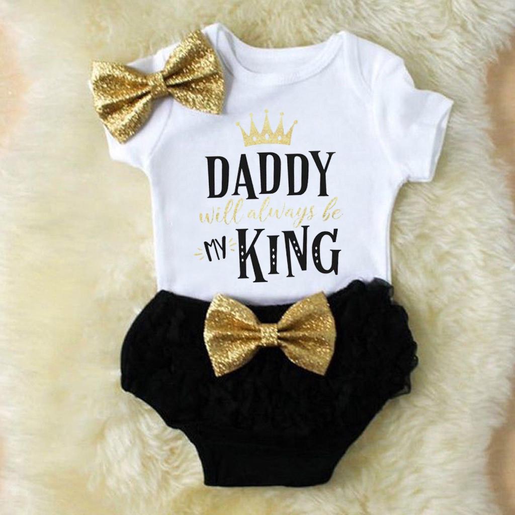 3pcs Newborn Baby Girls Outfits Daddys Girl White Short Sleeve Romper Floral Bow reffles Shorts Bowknot Headband Outfits