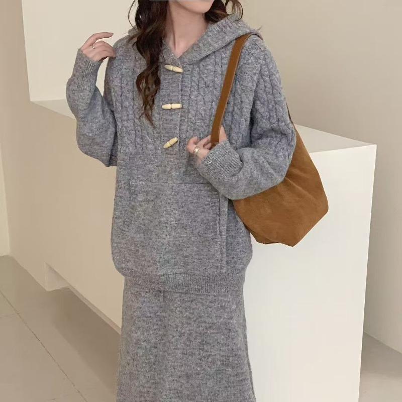Loose casual horn buckle knitted jumper skirt two-piece set for women's autumn and winter large-size hooded sweater set for women