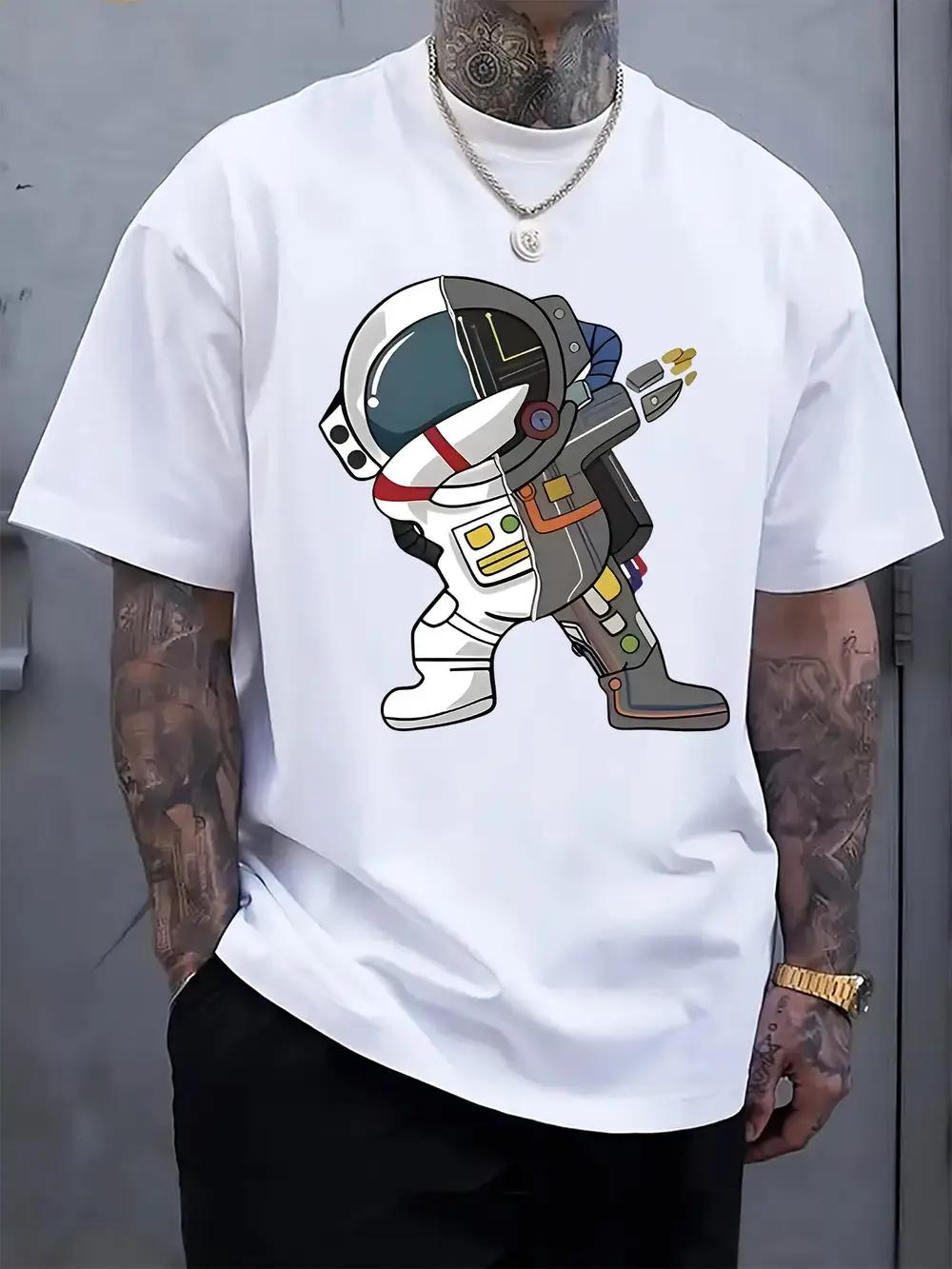 

Cartoon Astronaut Print Short-Sleeve T-shirt - Lightweight Polyester Blend XL